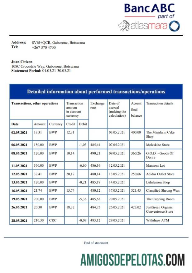 Botswana Bank ABC extrato bancário amostra